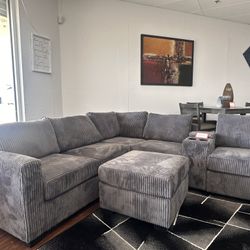 Gray Corduroy Sectional Sofa + Ottoman 