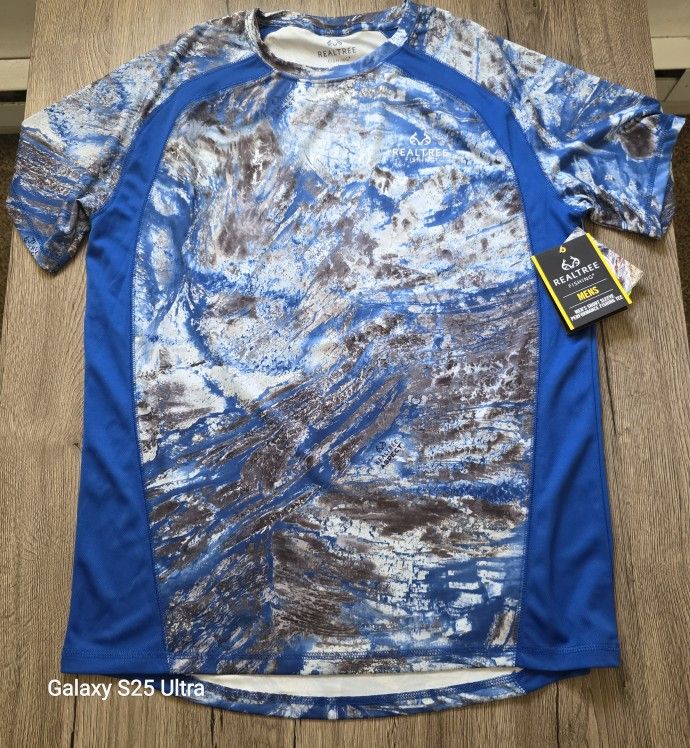 Realtree Short Sleeve Performance Fishing Tee Size Large Blue/Camo