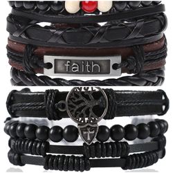 2 x Set Adjust. Size up to 9.5inc Leather Bracelet, (Faith-Black)