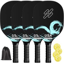 Pickleball Paddles Set of 4 Durable Wood Pickleball Racket with Ergonomic Cushion Breathable Comfort Grip with 4-40 Holes Outdoor Balls and 1 Carry Ba