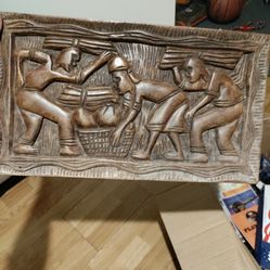 Vintage African Wood Panel Carving Plaque Wall Art Tribal Relief Decor 16 5/8"X 91/2" 