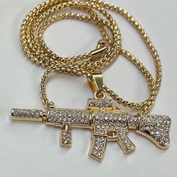 18k premium gold plated, brass core,rifle Necklace simulated  diamonds stones completely paving