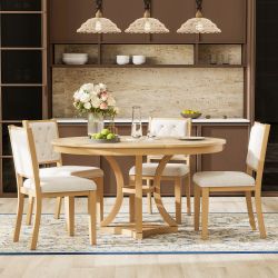 Mavis 5-Piece Extendable Round Dining Table Set with 4 Upholstered Chairs
