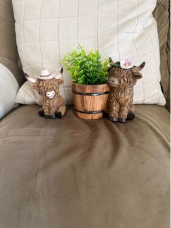 Cute Adorable set has two Highland cow Figurines DecorSet with  artificial plant