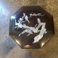 Octagonal shaped laquerware box with Inlay of Mother of Pearl nature designs, handmade in Japan; Vintage 