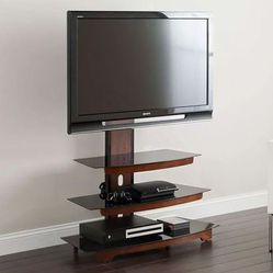 TV Stand with Mount. Premium TV Mount with Triple Tiered Glass Shelving