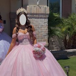 Quinceañera dress, underskirt,crown and bouquet