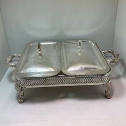 Vintage Silverplate Double Covers Serving Dish w/ Glass Vintage Silver Plated Chafing Dishes Set of 2