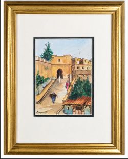 Framed Signed Watercolor Street Scene – Gold Frame