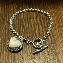 Bracelet with Marcasite and mother of pearl heart locket, 7.5 inches