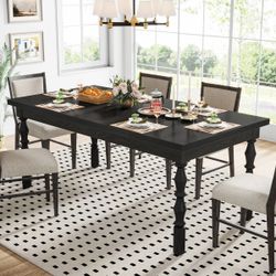 Rectangle Dining Table, 62" Kitchen Table with Carved Turned Legs for 4-6 People
