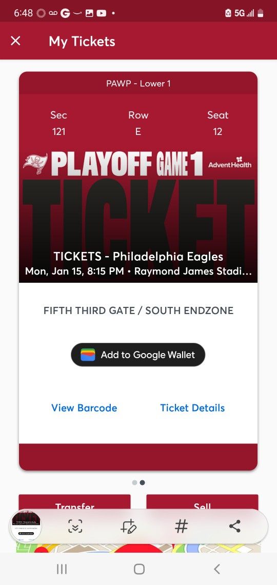 TWO Playoff Bucs Vs Eagles Secrion 121 TICKETS OBO