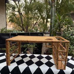 Vintage Bamboo Rattan Bed Tray Lap Desk w/ Cupholder