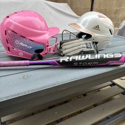 Little Girls, Baseball Helmets, Bat And Bag