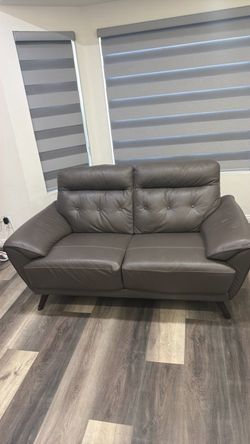 Gray Leather Tufted Loveseat Sofa