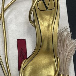 Valentino Upflair Feather-Trimmed Metallic Leather Ankle Wrap Heeled Sandal 