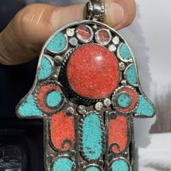 Vintage and handmade Tibetan silver Hamsa pendant 3”inch tall