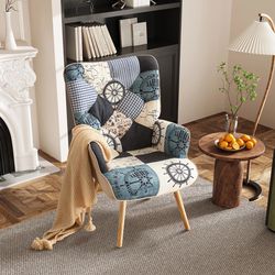 Patchwork Accent Chair Living Room Chairs with Wooden Leg