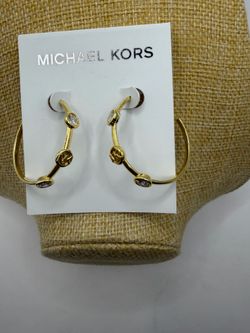 Michael Kors Gold Tone MK Logo & Crystals C-Shaped Hoop Earrings NWT MSRP $115
