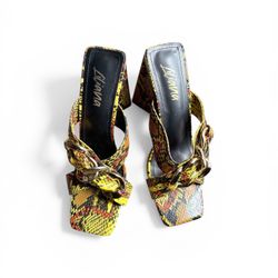 Liliana Snake Skin Pattern Block Heel Sandal. Multicolor. Yellow, Black, Orange.
