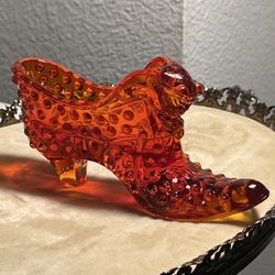 Vintage Fenton Cat Face Amberina Orange Hobnail Glass Shoe