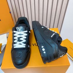 LV Black Sneakers | Embossed Logos & White Laces, Stylish Streetwear(152)45