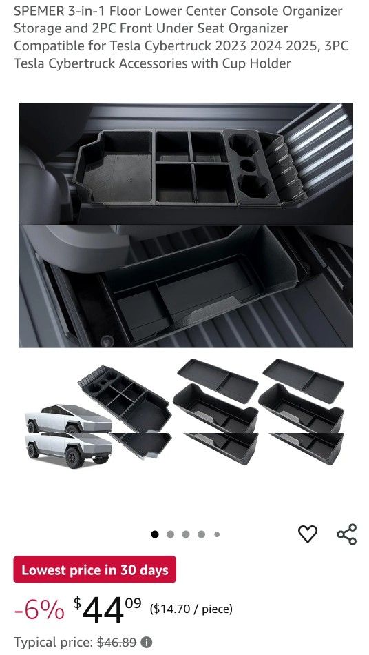 SPEMER 3-in-1 Floor Lower Center Console Organizer Storage and 2PC Front Under Seat Organizer Compatible for Tesla Cybertruck 2023 2024 2025