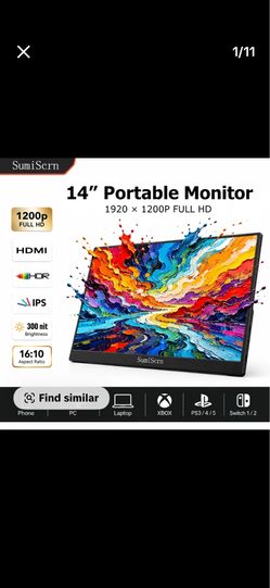 SumiScrn 14'' Portable Monitor, HD 1200P, FHD, 60Hz, for Phones, Android Laptop PC, with Speaker Computer Screen