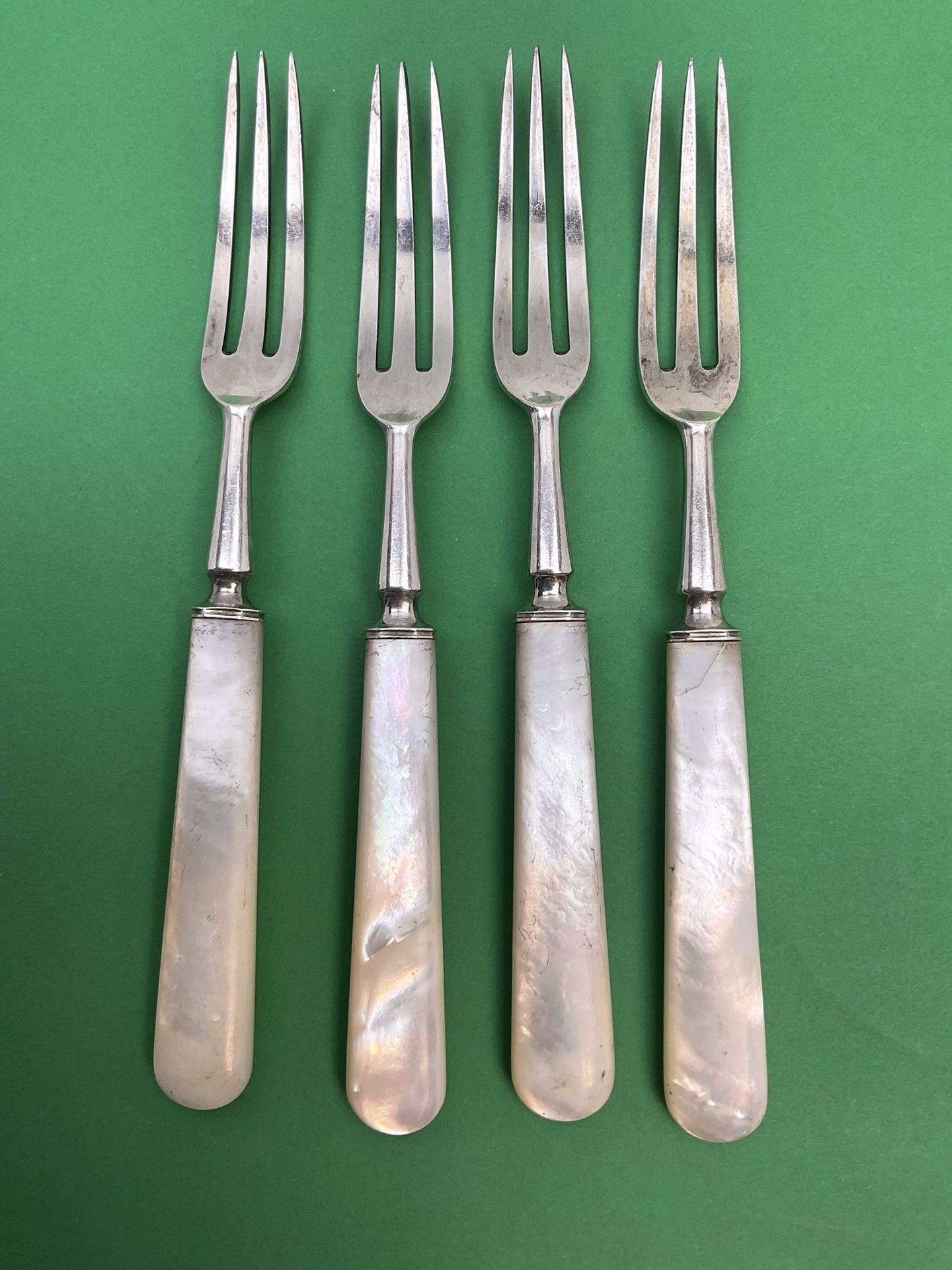 4 Antique English R & B Sterling Silver Small Forks with Mother of Pearl Handles 