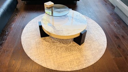 35. in. White and Black 2-Piece Round Marble Wood Top Coffee Table 