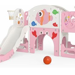8-in-1 Toddler Slide,Pink Toddler Outdoor Playset, with Toddler Climber and Kids Slide, Suitable for Indoor Playground for Kids 1-3, Pink Fish