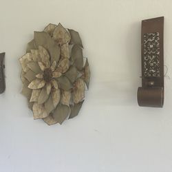 Wall Decor Set – Metal Flower Art + 2 Sconces