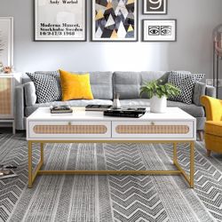 White And Rattan Coffee Table With Gold Legs