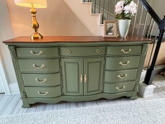 Large Vintage 9-Drawer Dresser – Olive Green & Walnut Top