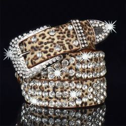 Leopard Print Studded Rhinestone Belt PU Leather