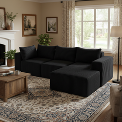Omaha 101" Modern Corduroy L-Shaped Modular Sectional Sofa with Chaise, Black