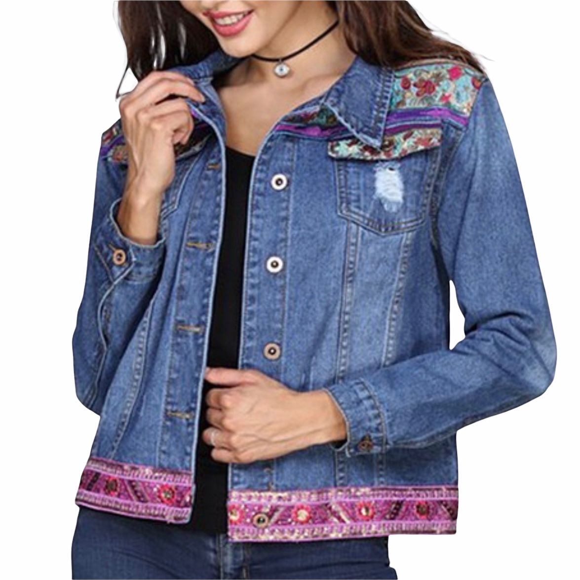 Velzera Aztec embroidered back destroyed Denim jean Jacket  jean jacket's ribbon trim and embellished yoke  100% cotton  20.5” across underarms  21” s