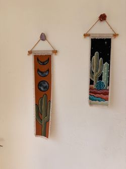 Boho Southwestern Cactus Wall Hanging Set of 2 Woven Tapestry Moon Phases Crystal