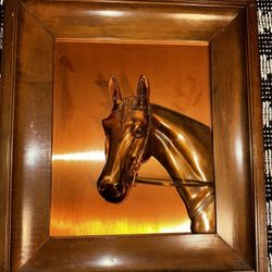 Vintage Framed Copper Equestrian Horse Head in Relief 3D Wall Art