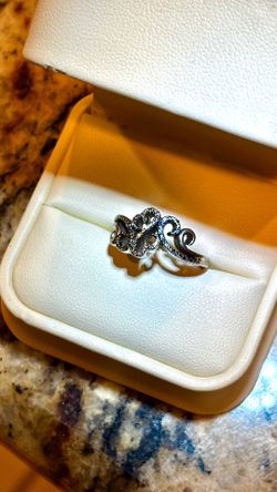 Vintage 50's Open Heart Waves Blue & White Diamond Accent Size 6.5 Sterling Silver Woman's Ring