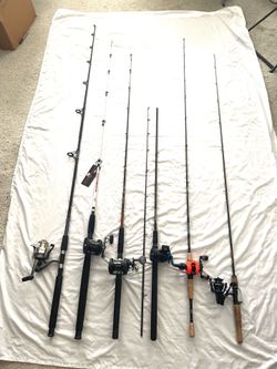 Mostly brand new and like new fishing rod and reel combos. spinners and bait casters combos.
