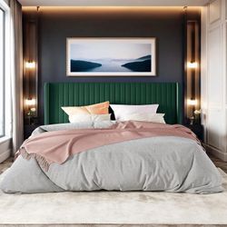 Queen Velvet Upholstered Platform Bed Frame with Vertical Line Tufted Adjustable Headboard