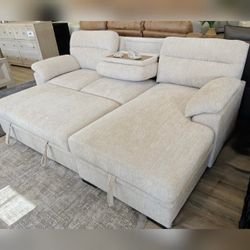 94"W Beige Chenille Fabric Sleeper Sectional Sofa with Right-Facing Chaise, Cupholders, USB Charging port