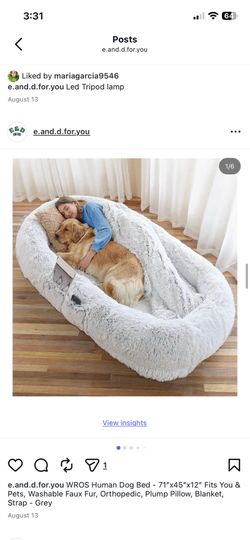 WROS Human Dog Bed - 71”x45”x12” Fits You & Pets, Washable Faux Fur, Orthopedic, Plump Pillow, Blanket, Strap - Grey