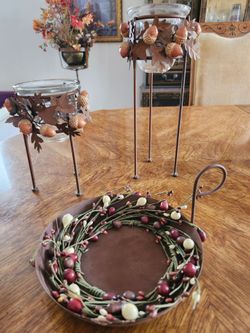 Fall Acorn & Berry Metal Decor Set (2 Tall Glass Candle Holders & 1 Berry Ring Tray)