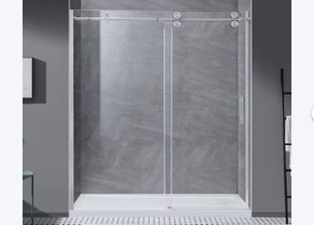 NEW! OVE 72″ Frameless Glass Sliding Shower Door, Satin Nickel Finish