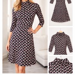 ZARA Geometric Print Dress Size S Black Pink White Mock Neck Midi
