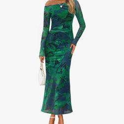 Women's Long Sleeve Floral Maxi Dress 2026 Fall Off Shoulder Bodycon Ruched Mesh Cocktail Wedding Guest Dresses 