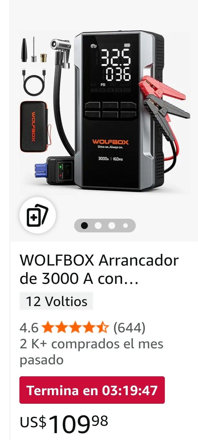 WOLFBOX 3000A Jump Starter with Air Compressor, 16000mAh 160PSI Portable Car Power Bank with 65W Fast Charging, 12V Battery Pack (8L Gas Diesel 6L Eng