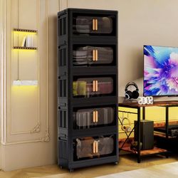 5 Tier Stackable Storage Bins Folding Collapsible Storage Bins with Lid, Closet Organizers and Storage Box with Door  grey